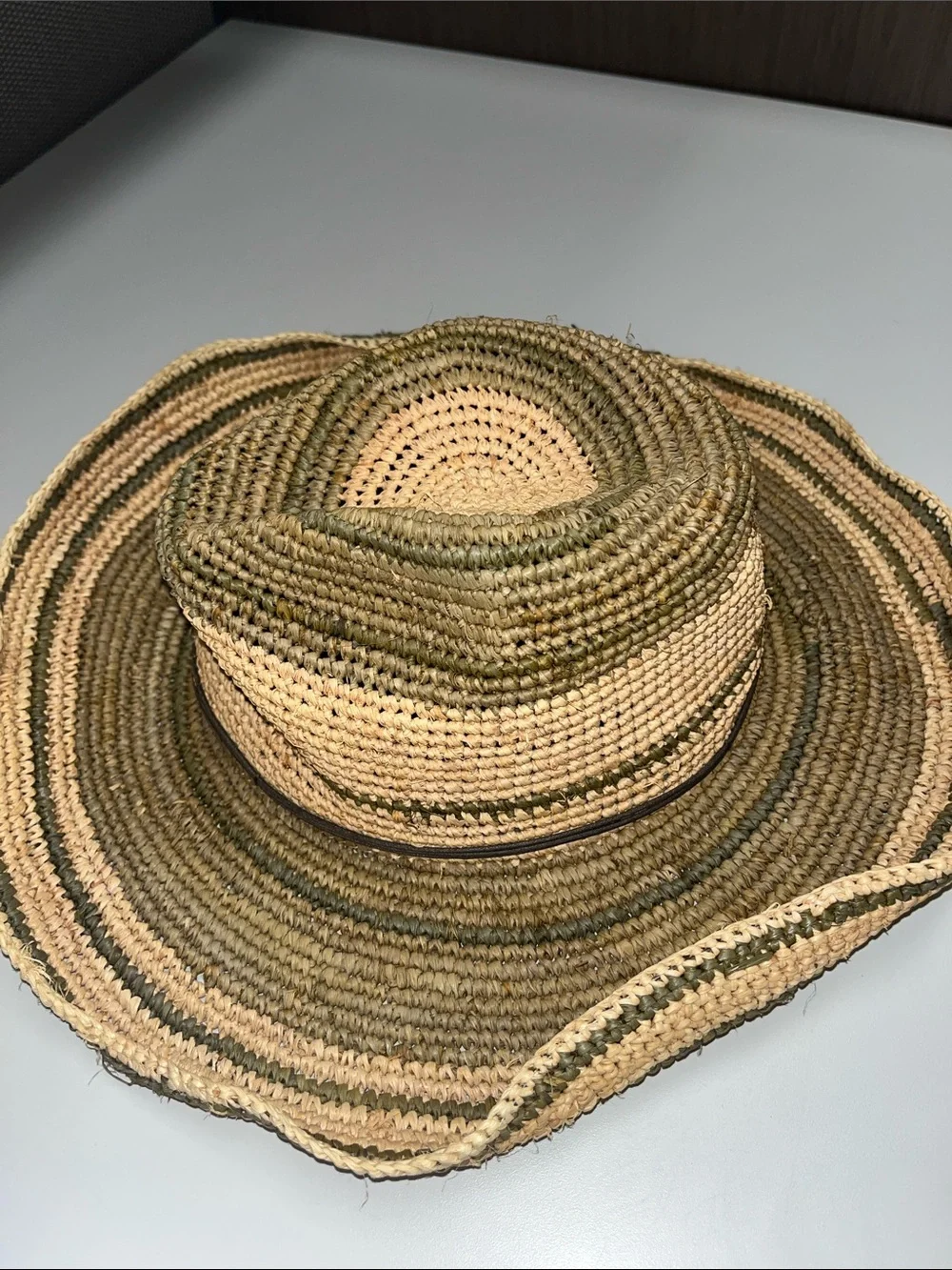 Woven Straw Sun Hat with Natural and Olive Tones / wired ends